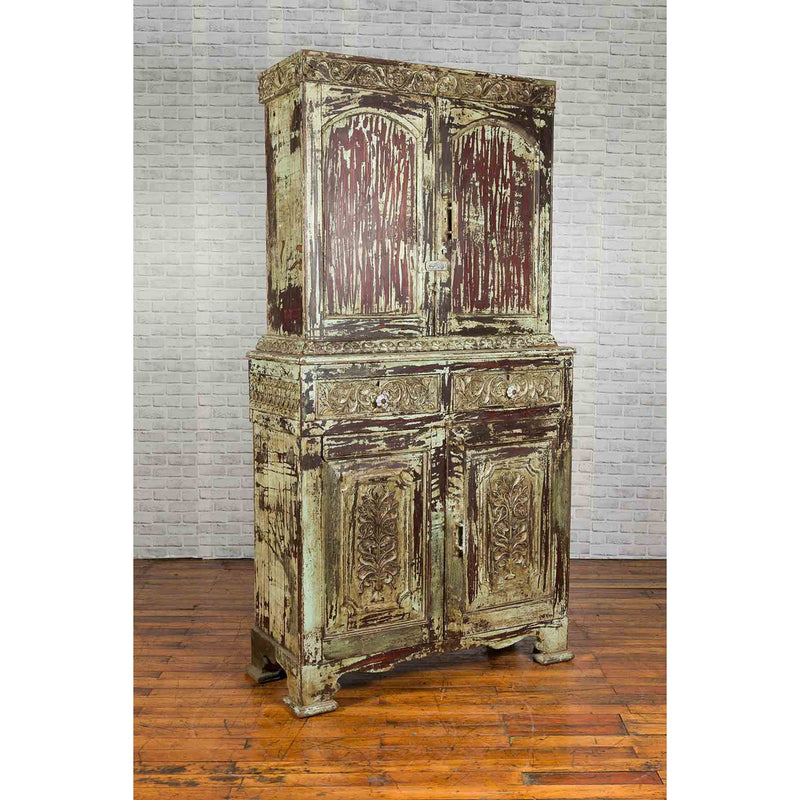 Indian Rustic Painted Wood Cabinet with Carved Foliage and Distressed Patina-2. Asian & Chinese Furniture, Art, Antiques, Vintage Home Décor for sale at FEA Home