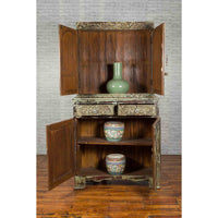 Indian Rustic Painted Wood Cabinet with Carved Foliage and Distressed Patina