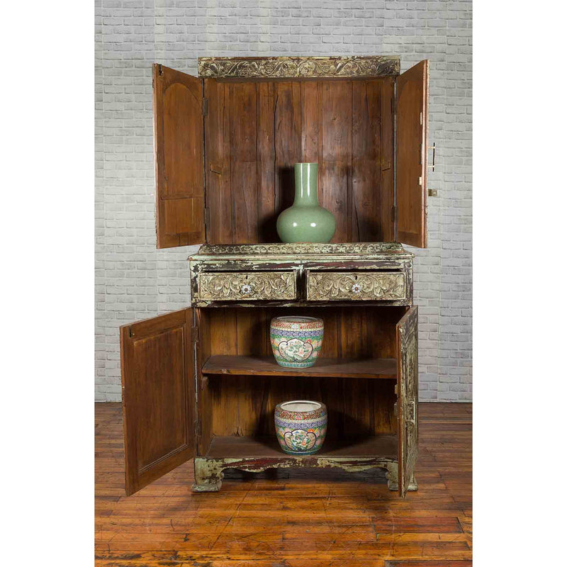 Indian Rustic Painted Wood Cabinet with Carved Foliage and Distressed Patina-3. Asian & Chinese Furniture, Art, Antiques, Vintage Home Décor for sale at FEA Home