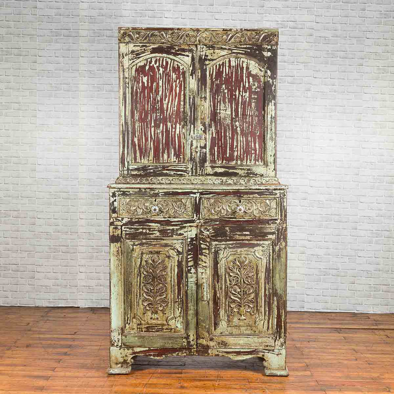 Indian Rustic Painted Wood Cabinet with Carved Foliage and Distressed Patina-4. Asian & Chinese Furniture, Art, Antiques, Vintage Home Décor for sale at FEA Home