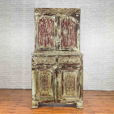 Indian Rustic Painted Wood Cabinet with Carved Foliage and Distressed Patina-4. Asian & Chinese Furniture, Art, Antiques, Vintage Home Décor for sale at FEA Home