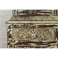 Indian Rustic Painted Wood Cabinet with Carved Foliage and Distressed Patina