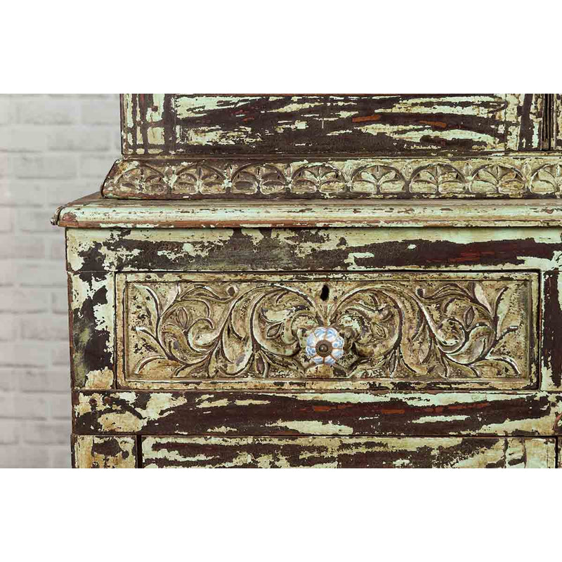 Indian Rustic Painted Wood Cabinet with Carved Foliage and Distressed Patina-5. Asian & Chinese Furniture, Art, Antiques, Vintage Home Décor for sale at FEA Home