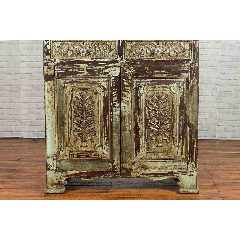 Indian Rustic Painted Wood Cabinet with Carved Foliage and Distressed Patina-6. Asian & Chinese Furniture, Art, Antiques, Vintage Home Décor for sale at FEA Home