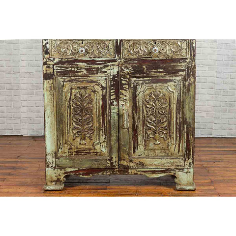 Indian Rustic Painted Wood Cabinet with Carved Foliage and Distressed Patina-6. Asian & Chinese Furniture, Art, Antiques, Vintage Home Décor for sale at FEA Home