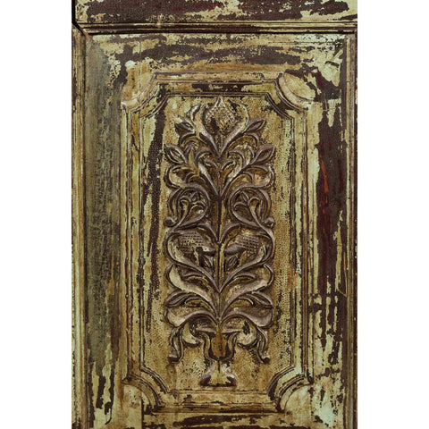 Indian Rustic Painted Wood Cabinet with Carved Foliage and Distressed Patina-7. Asian & Chinese Furniture, Art, Antiques, Vintage Home Décor for sale at FEA Home