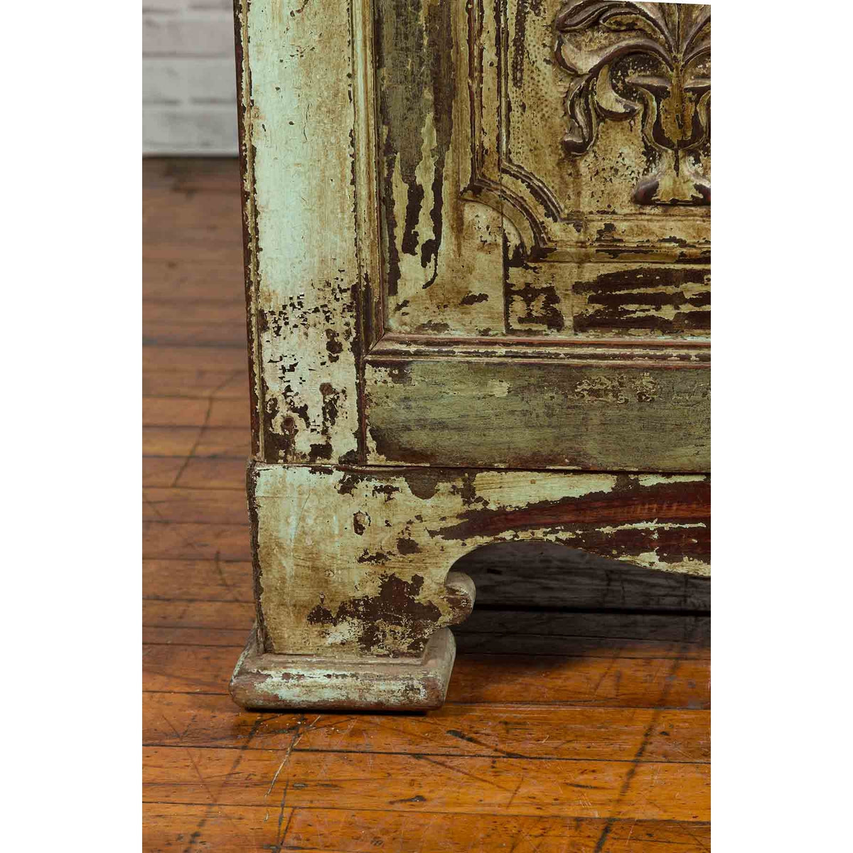 Indian Rustic Painted Wood Cabinet with Carved Foliage and Distressed Patina-8. Asian &amp; Chinese Furniture, Art, Antiques, Vintage Home Décor for sale at FEA Home