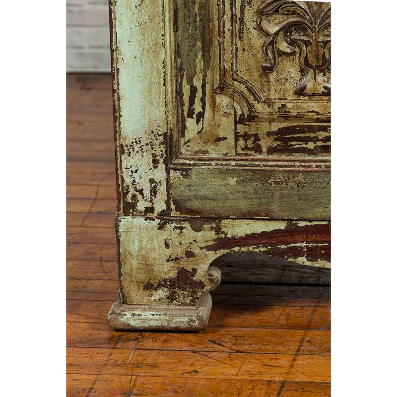 Indian Rustic Painted Wood Cabinet with Carved Foliage and Distressed Patina-8. Asian & Chinese Furniture, Art, Antiques, Vintage Home Décor for sale at FEA Home