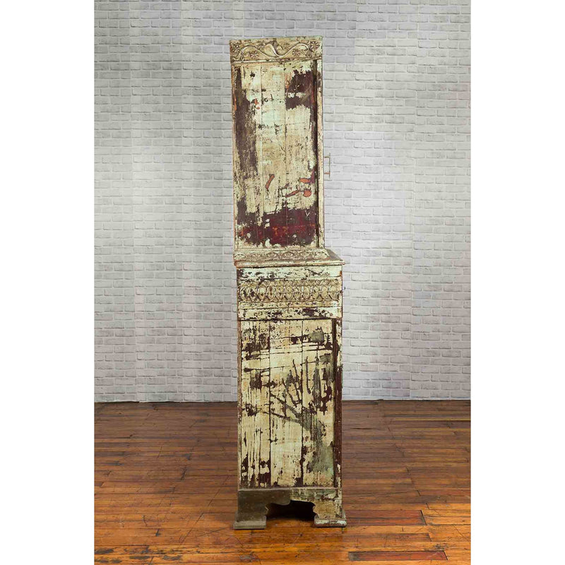 Indian Rustic Painted Wood Cabinet with Carved Foliage and Distressed Patina-9. Asian & Chinese Furniture, Art, Antiques, Vintage Home Décor for sale at FEA Home