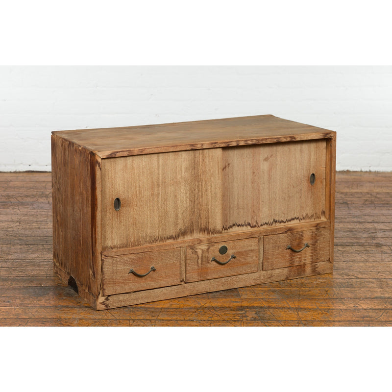 Japanese Early 20th Century Low Storage Cabinet with Sliding Doors and Drawers-4. Asian & Chinese Furniture, Art, Antiques, Vintage Home Décor for sale at FEA Home