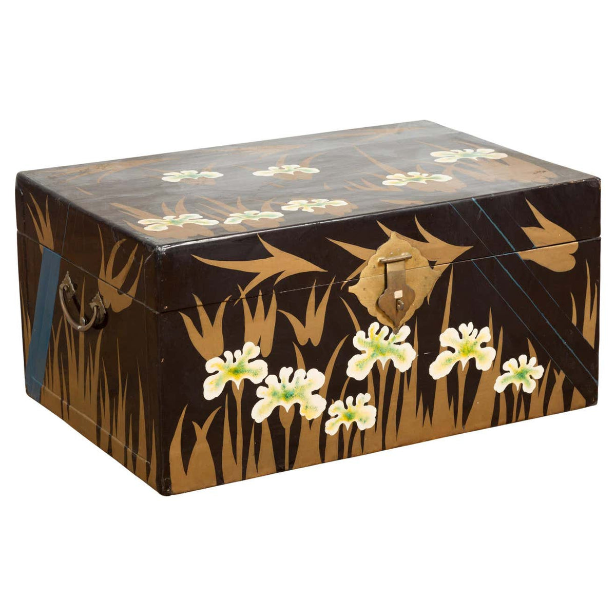 Japanese Late Meiji Period Black Lacquer Blanket Chest with Golden Painted Décor-1. Asian & Chinese Furniture, Art, Antiques, Vintage Home Décor for sale at FEA Home