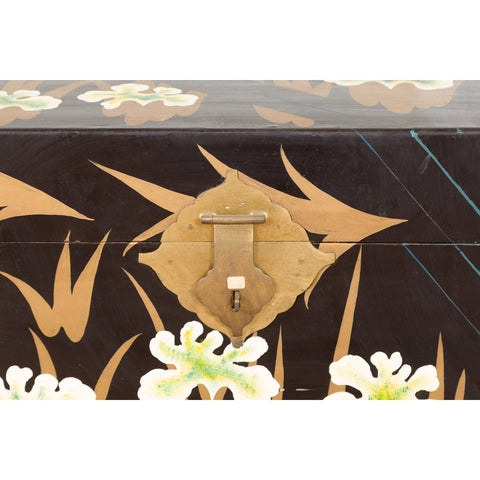 Japanese Late Meiji Period Black Lacquer Blanket Chest with Golden Painted Décor-YN7716-11. Asian & Chinese Furniture, Art, Antiques, Vintage Home Décor for sale at FEA Home