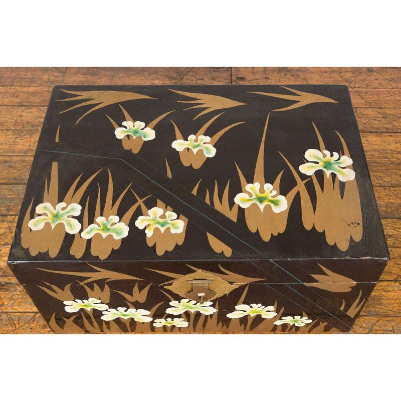 Japanese Late Meiji Period Black Lacquer Blanket Chest with Golden Painted Décor-YN7716-14. Asian & Chinese Furniture, Art, Antiques, Vintage Home Décor for sale at FEA Home