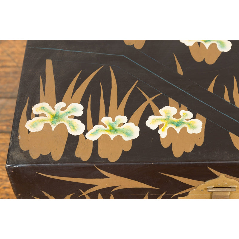 Japanese Late Meiji Period Black Lacquer Blanket Chest with Golden Painted Décor-YN7716-17. Asian & Chinese Furniture, Art, Antiques, Vintage Home Décor for sale at FEA Home