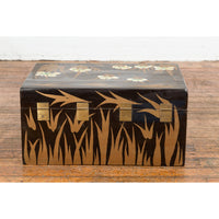 Japanese Late Meiji Period Black Lacquer Blanket Chest with Golden Painted Décor