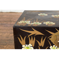 Japanese Late Meiji Period Black Lacquer Blanket Chest with Golden Painted Décor