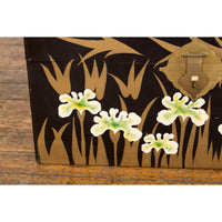 Japanese Late Meiji Period Black Lacquer Blanket Chest with Golden Painted Décor