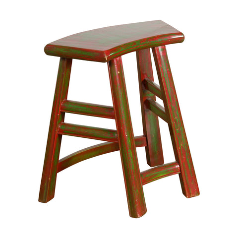 Japanese Late Meiji Period Red and Green Lacquered Stool with Semicircular Seat-YN1419-1. Asian & Chinese Furniture, Art, Antiques, Vintage Home Décor for sale at FEA Home