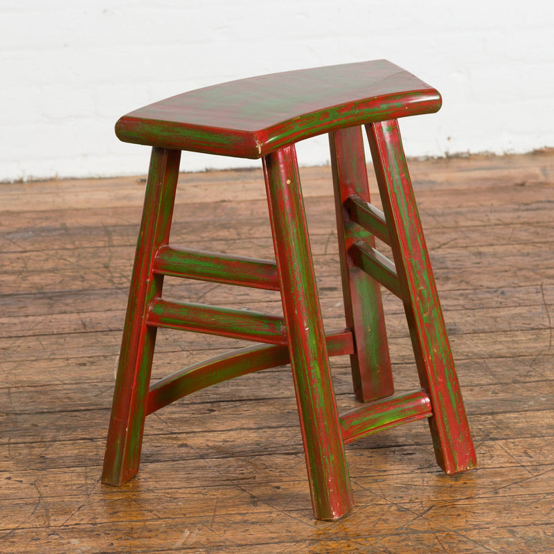 Japanese Late Meiji Period Red and Green Lacquered Stool with Semicircular Seat-YN1419-10. Asian & Chinese Furniture, Art, Antiques, Vintage Home Décor for sale at FEA Home