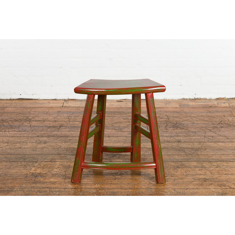 Japanese Late Meiji Period Red and Green Lacquered Stool with Semicircular Seat-YN1419-13. Asian & Chinese Furniture, Art, Antiques, Vintage Home Décor for sale at FEA Home