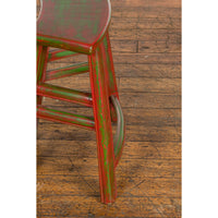 Japanese Late Meiji Period Red and Green Lacquered Stool with Semicircular Seat