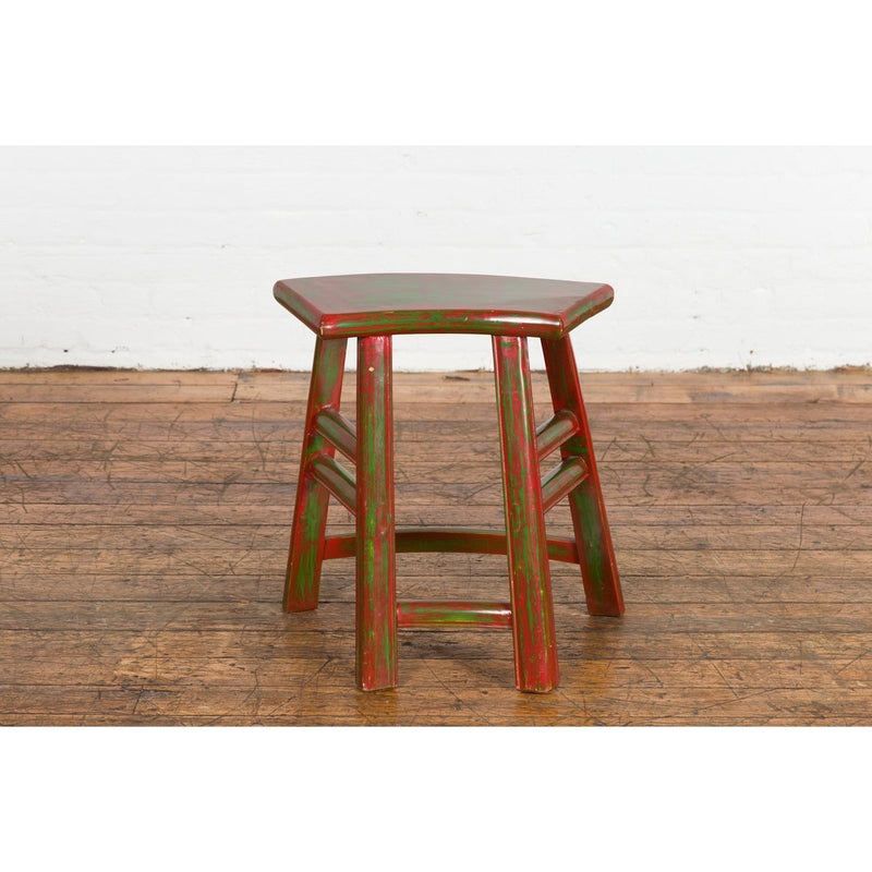 Japanese Late Meiji Period Red and Green Lacquered Stool with Semicircular Seat-YN1419-2. Asian & Chinese Furniture, Art, Antiques, Vintage Home Décor for sale at FEA Home