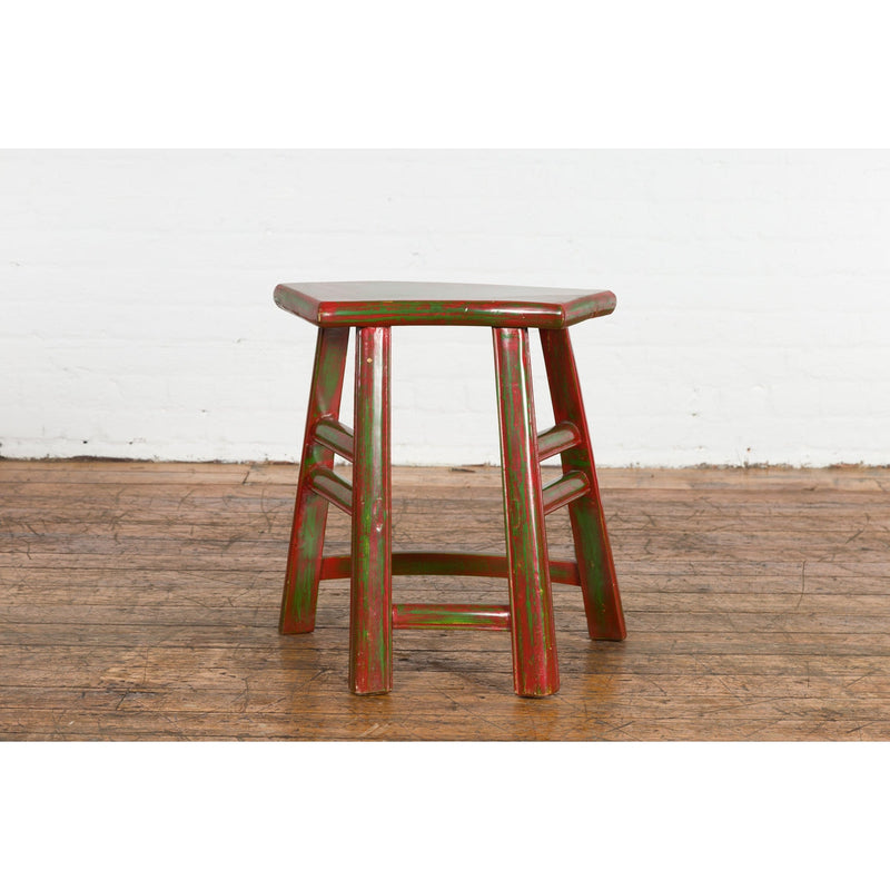 Japanese Late Meiji Period Red and Green Lacquered Stool with Semicircular Seat-YN1419-3. Asian & Chinese Furniture, Art, Antiques, Vintage Home Décor for sale at FEA Home