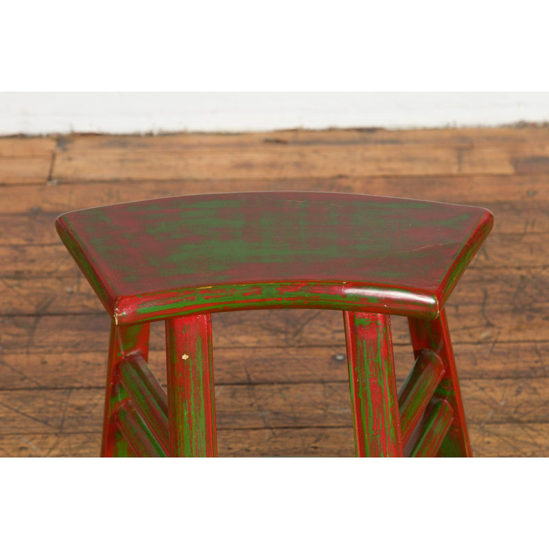 Japanese Late Meiji Period Red and Green Lacquered Stool with Semicircular Seat-YN1419-4. Asian & Chinese Furniture, Art, Antiques, Vintage Home Décor for sale at FEA Home