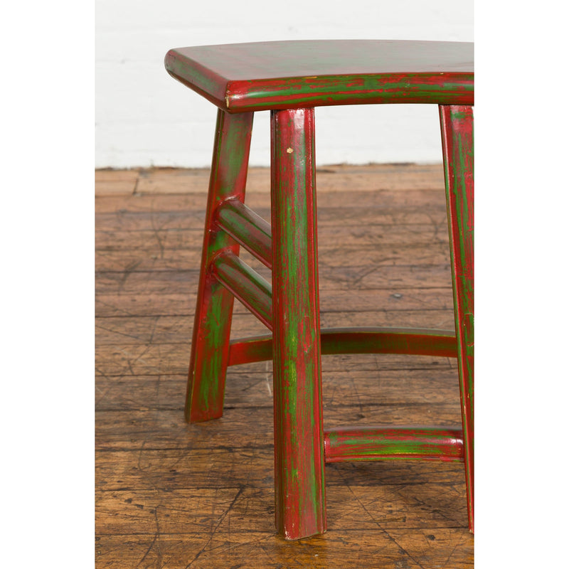 Japanese Late Meiji Period Red and Green Lacquered Stool with Semicircular Seat-YN1419-5. Asian & Chinese Furniture, Art, Antiques, Vintage Home Décor for sale at FEA Home