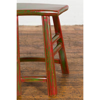 Japanese Late Meiji Period Red and Green Lacquered Stool with Semicircular Seat