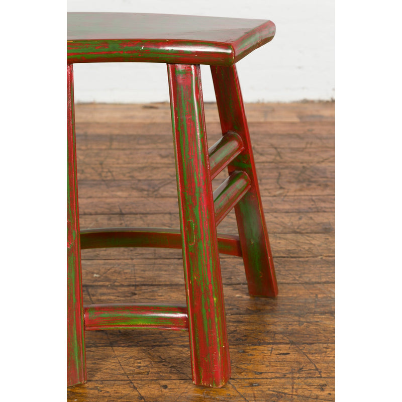Japanese Late Meiji Period Red and Green Lacquered Stool with Semicircular Seat-YN1419-6. Asian & Chinese Furniture, Art, Antiques, Vintage Home Décor for sale at FEA Home