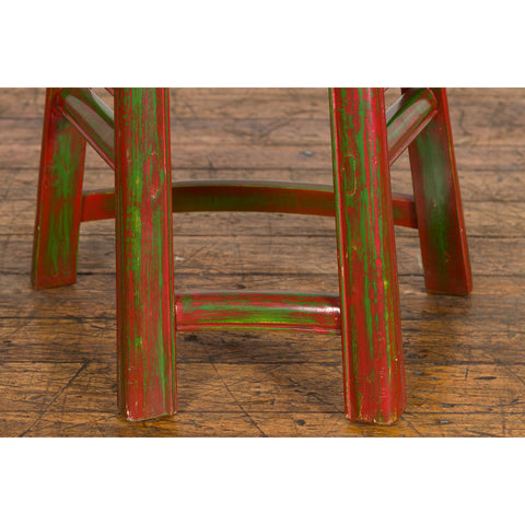 Japanese Late Meiji Period Red and Green Lacquered Stool with Semicircular Seat-YN1419-7. Asian & Chinese Furniture, Art, Antiques, Vintage Home Décor for sale at FEA Home