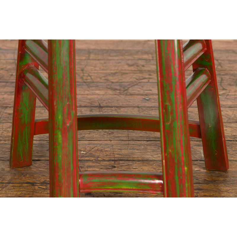 Japanese Late Meiji Period Red and Green Lacquered Stool with Semicircular Seat-YN1419-8. Asian & Chinese Furniture, Art, Antiques, Vintage Home Décor for sale at FEA Home