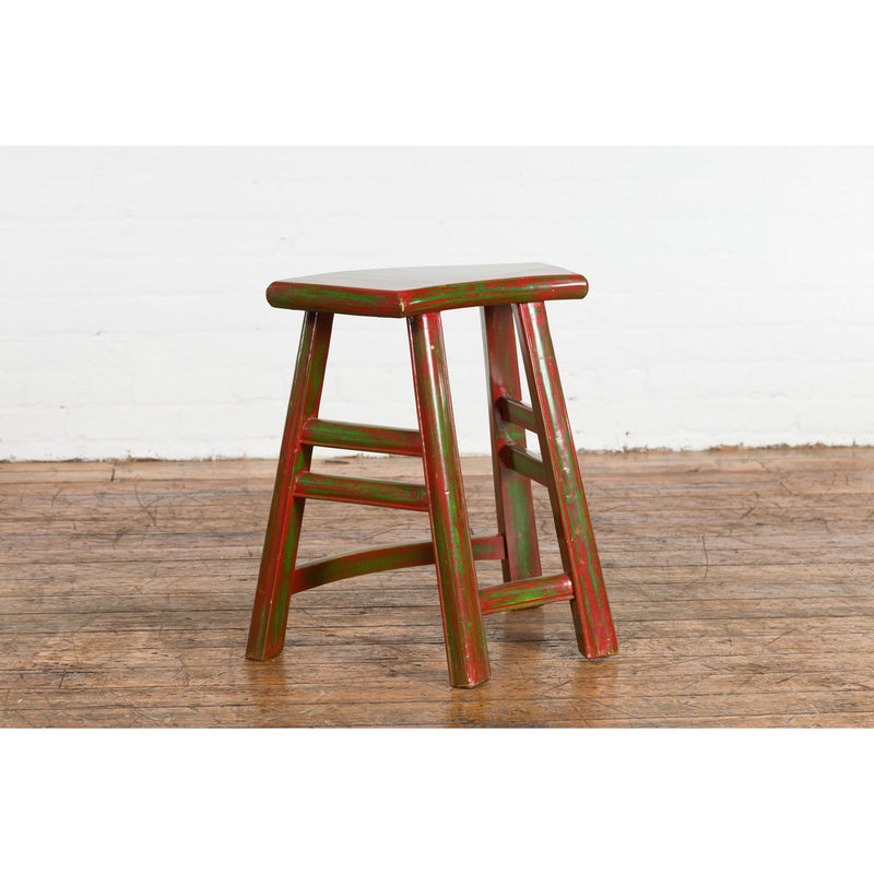Japanese Late Meiji Period Red and Green Lacquered Stool with Semicircular Seat-YN1419-9. Asian & Chinese Furniture, Art, Antiques, Vintage Home Décor for sale at FEA Home