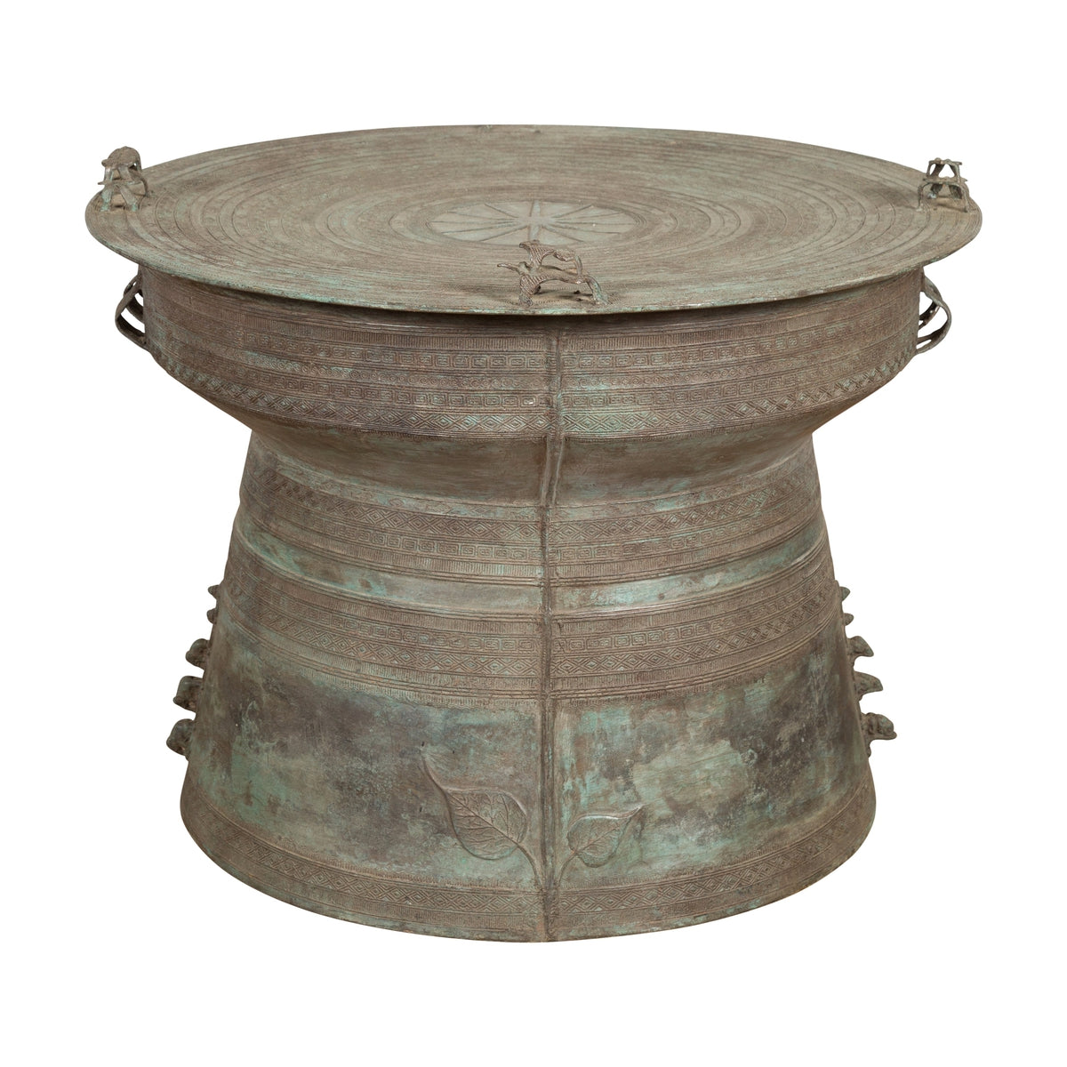 Laotian Style Vintage Bronze Rain Drum with Geometric Motifs and Frog Finials-1. Asian & Chinese Furniture, Art, Antiques, Vintage Home Décor for sale at FEA Home