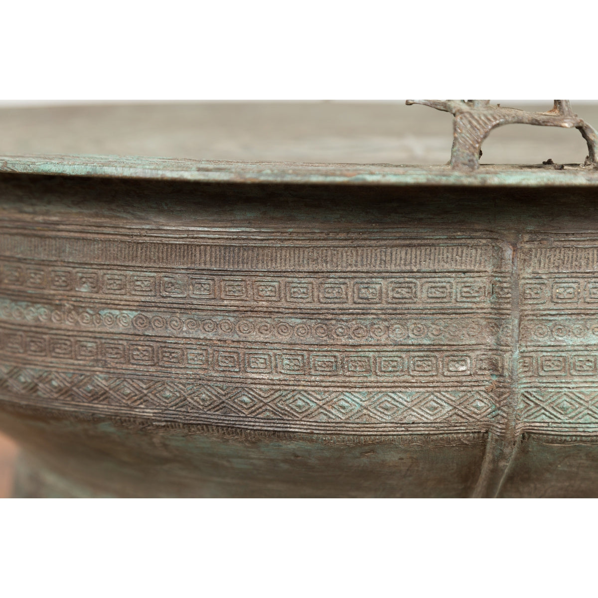 Laotian Style Vintage Bronze Rain Drum with Geometric Motifs and Frog Finials-15. Asian &amp; Chinese Furniture, Art, Antiques, Vintage Home Décor for sale at FEA Home