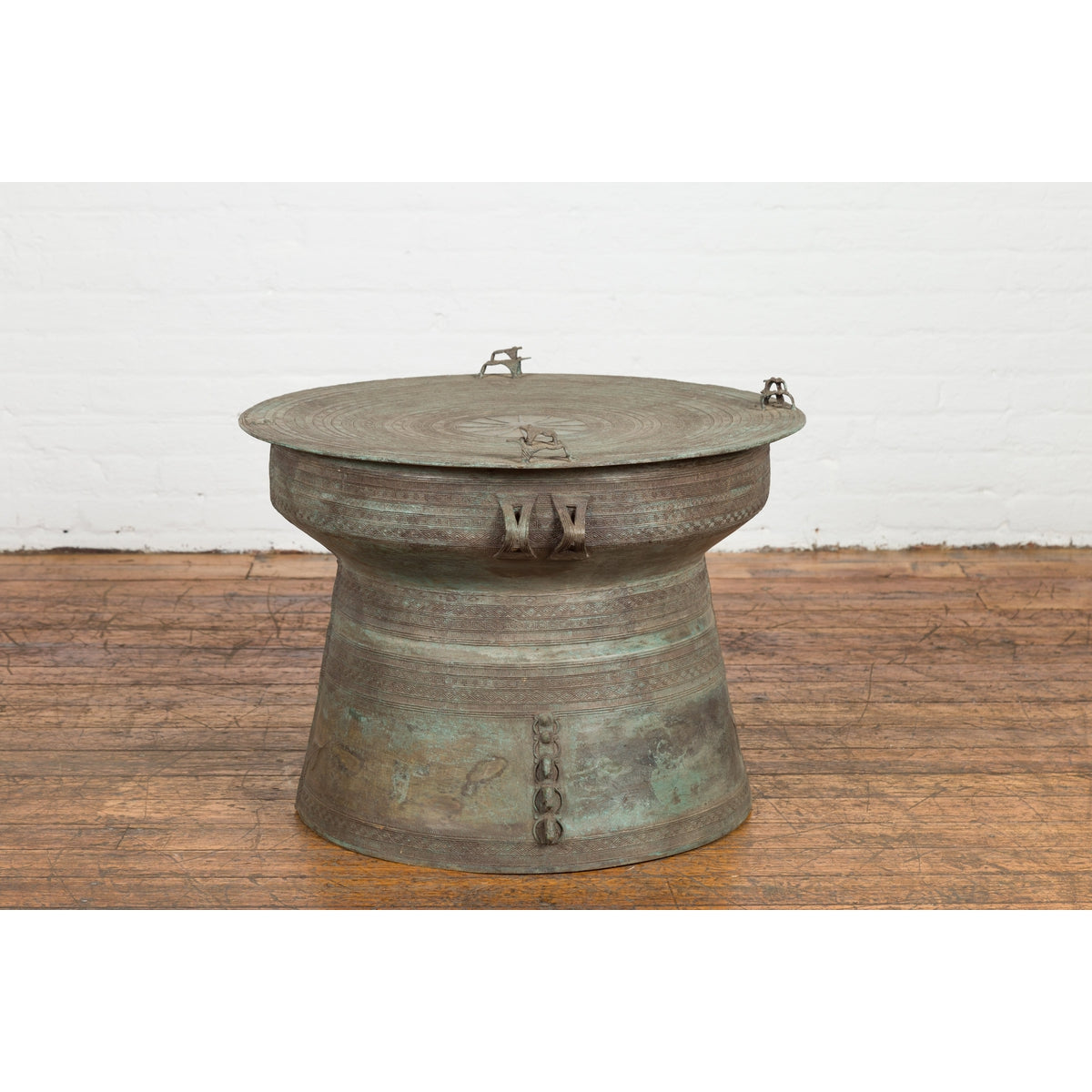 Laotian Style Vintage Bronze Rain Drum with Geometric Motifs and Frog Finials-2. Asian & Chinese Furniture, Art, Antiques, Vintage Home Décor for sale at FEA Home