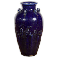 Large Antique 19th Century Thai Cobalt Blue Martaban Jar with Raised Motifs