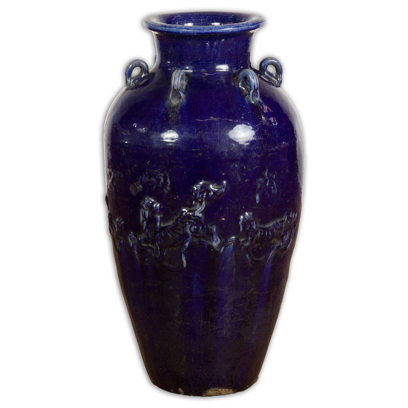 Large Antique 19th Century Thai Cobalt Blue Martaban Jar with Raised Motifs-1. Asian & Chinese Furniture, Art, Antiques, Vintage Home Décor for sale at FEA Home