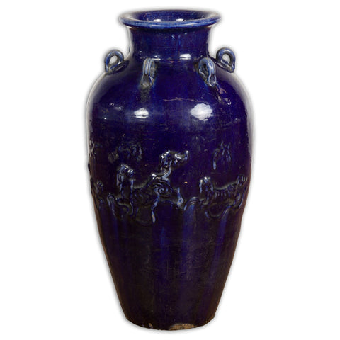 Large Antique 19th Century Thai Cobalt Blue Martaban Jar with Raised Motifs-1. Asian & Chinese Furniture, Art, Antiques, Vintage Home Décor for sale at FEA Home