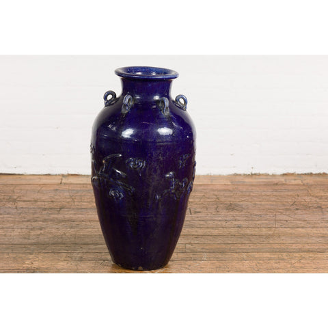 Large Antique 19th Century Thai Cobalt Blue Martaban Jar with Raised Motifs-10. Asian & Chinese Furniture, Art, Antiques, Vintage Home Décor for sale at FEA Home