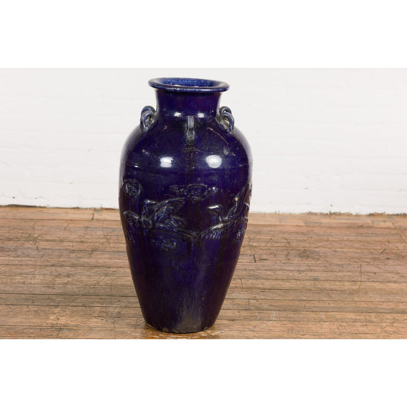 Large Antique 19th Century Thai Cobalt Blue Martaban Jar with Raised Motifs-11. Asian & Chinese Furniture, Art, Antiques, Vintage Home Décor for sale at FEA Home