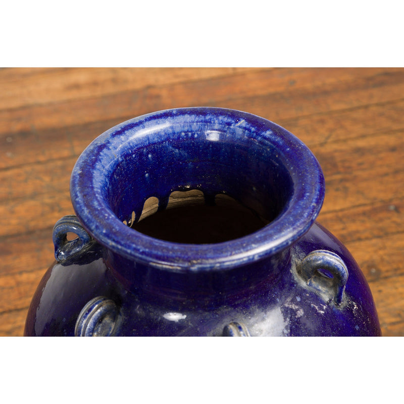 Large Antique 19th Century Thai Cobalt Blue Martaban Jar with Raised Motifs-12. Asian & Chinese Furniture, Art, Antiques, Vintage Home Décor for sale at FEA Home