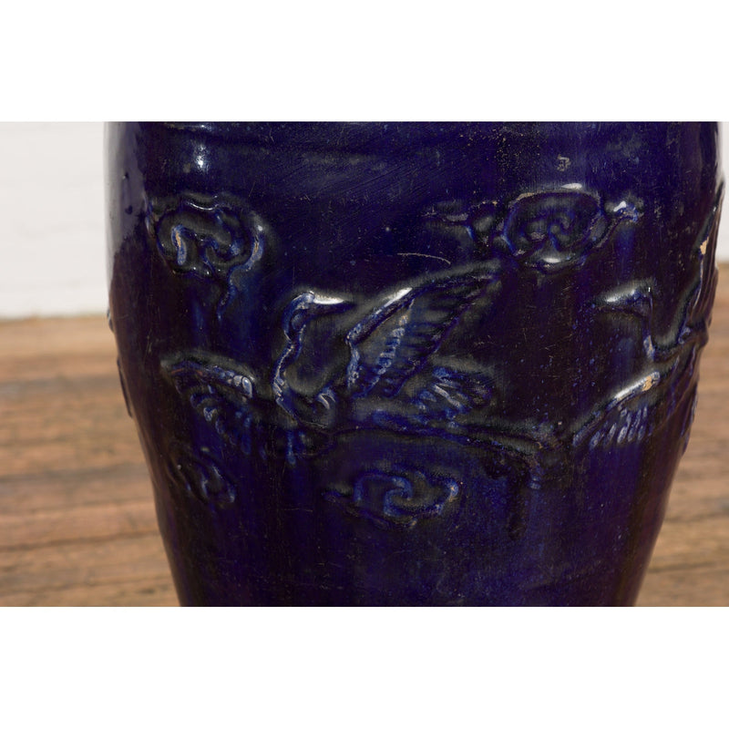 Large Antique 19th Century Thai Cobalt Blue Martaban Jar with Raised Motifs-13. Asian & Chinese Furniture, Art, Antiques, Vintage Home Décor for sale at FEA Home