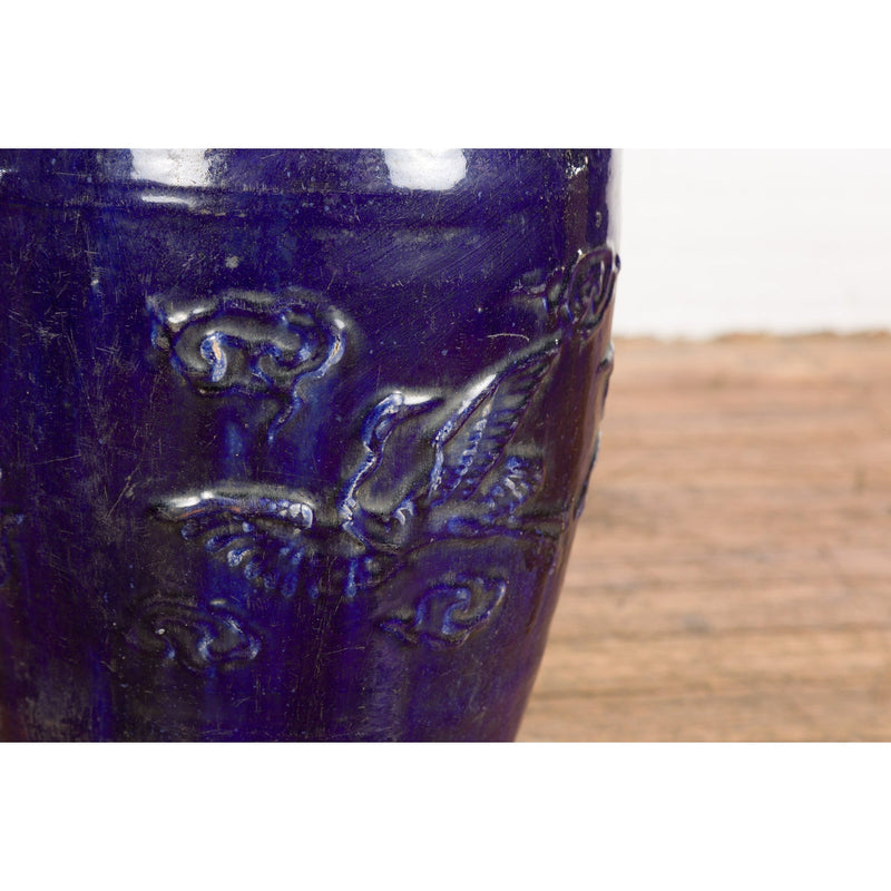 Large Antique 19th Century Thai Cobalt Blue Martaban Jar with Raised Motifs-14. Asian & Chinese Furniture, Art, Antiques, Vintage Home Décor for sale at FEA Home