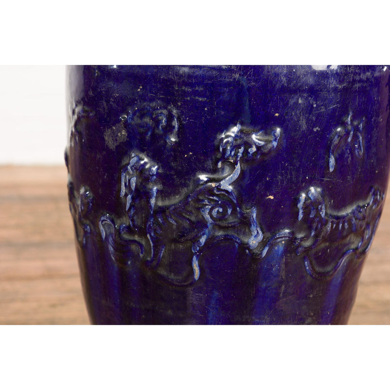 Large Antique 19th Century Thai Cobalt Blue Martaban Jar with Raised Motifs-15. Asian & Chinese Furniture, Art, Antiques, Vintage Home Décor for sale at FEA Home
