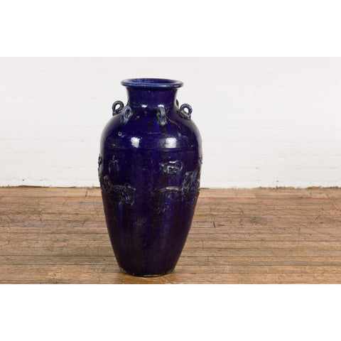 Large Antique 19th Century Thai Cobalt Blue Martaban Jar with Raised Motifs-2. Asian & Chinese Furniture, Art, Antiques, Vintage Home Décor for sale at FEA Home