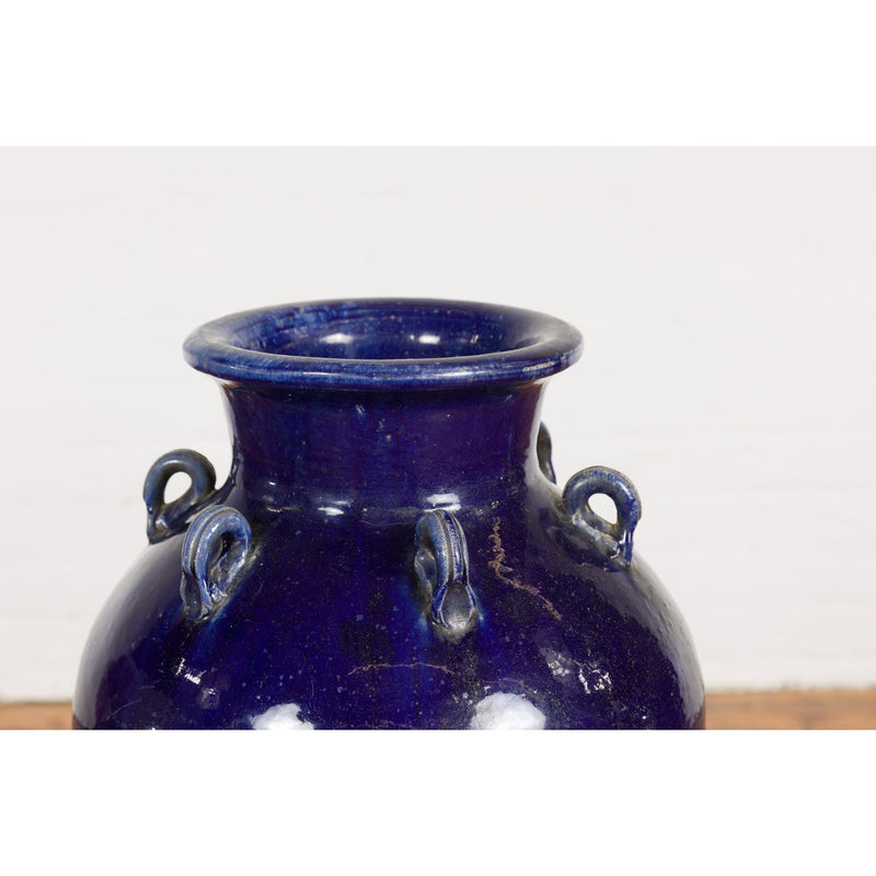Large Antique 19th Century Thai Cobalt Blue Martaban Jar with Raised Motifs-4. Asian & Chinese Furniture, Art, Antiques, Vintage Home Décor for sale at FEA Home