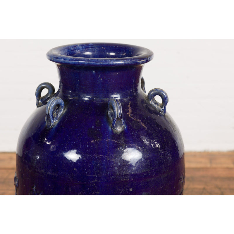 Large Antique 19th Century Thai Cobalt Blue Martaban Jar with Raised Motifs-5. Asian & Chinese Furniture, Art, Antiques, Vintage Home Décor for sale at FEA Home