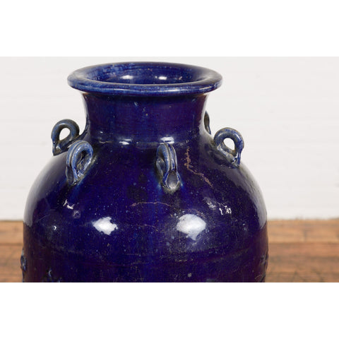 Large Antique 19th Century Thai Cobalt Blue Martaban Jar with Raised Motifs-5. Asian & Chinese Furniture, Art, Antiques, Vintage Home Décor for sale at FEA Home